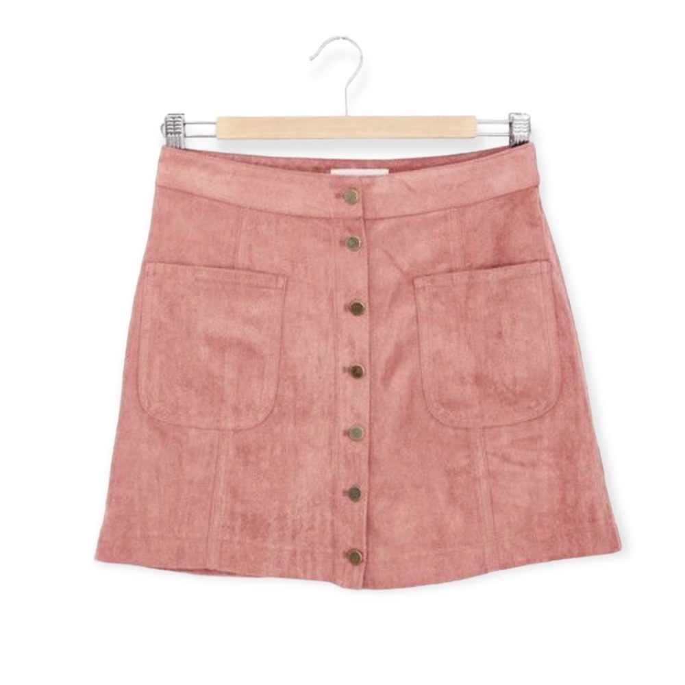 Frankie Phoenix Faux Suede Button Front A-Line Mini Skirt Dusty Pink Rose Small